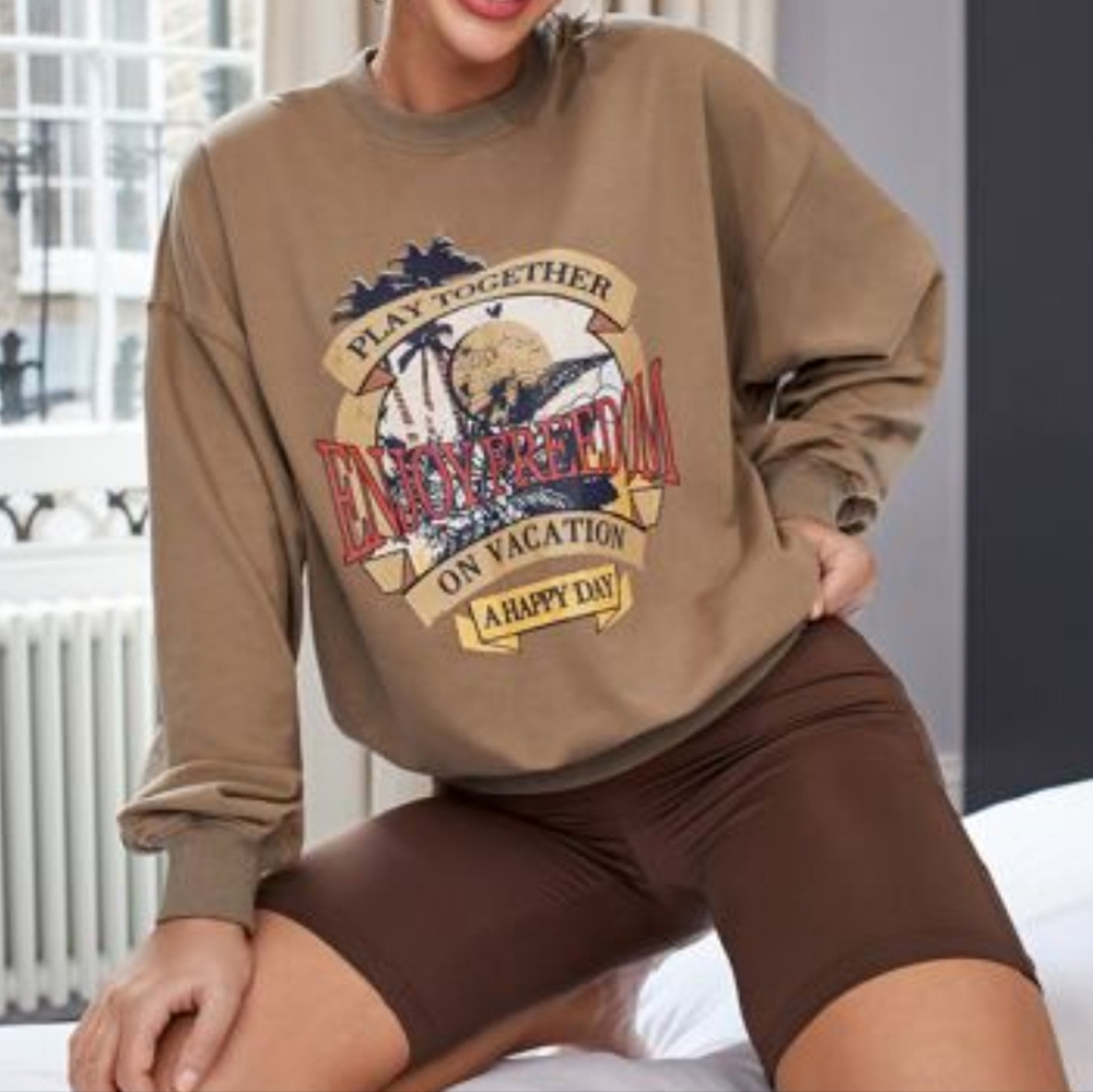 Shein Women’s Drop Shoulder Slogan Graphic Print Pullover Sweatshirt
